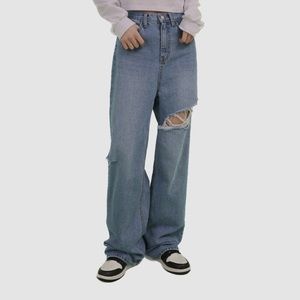 Baggy cut out blue denim pants